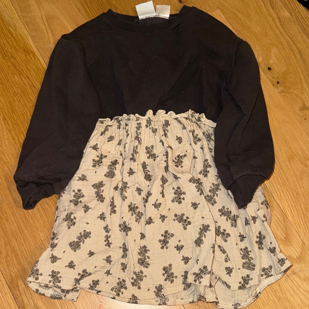 Black and Cream Floral Dress Zara 2-3